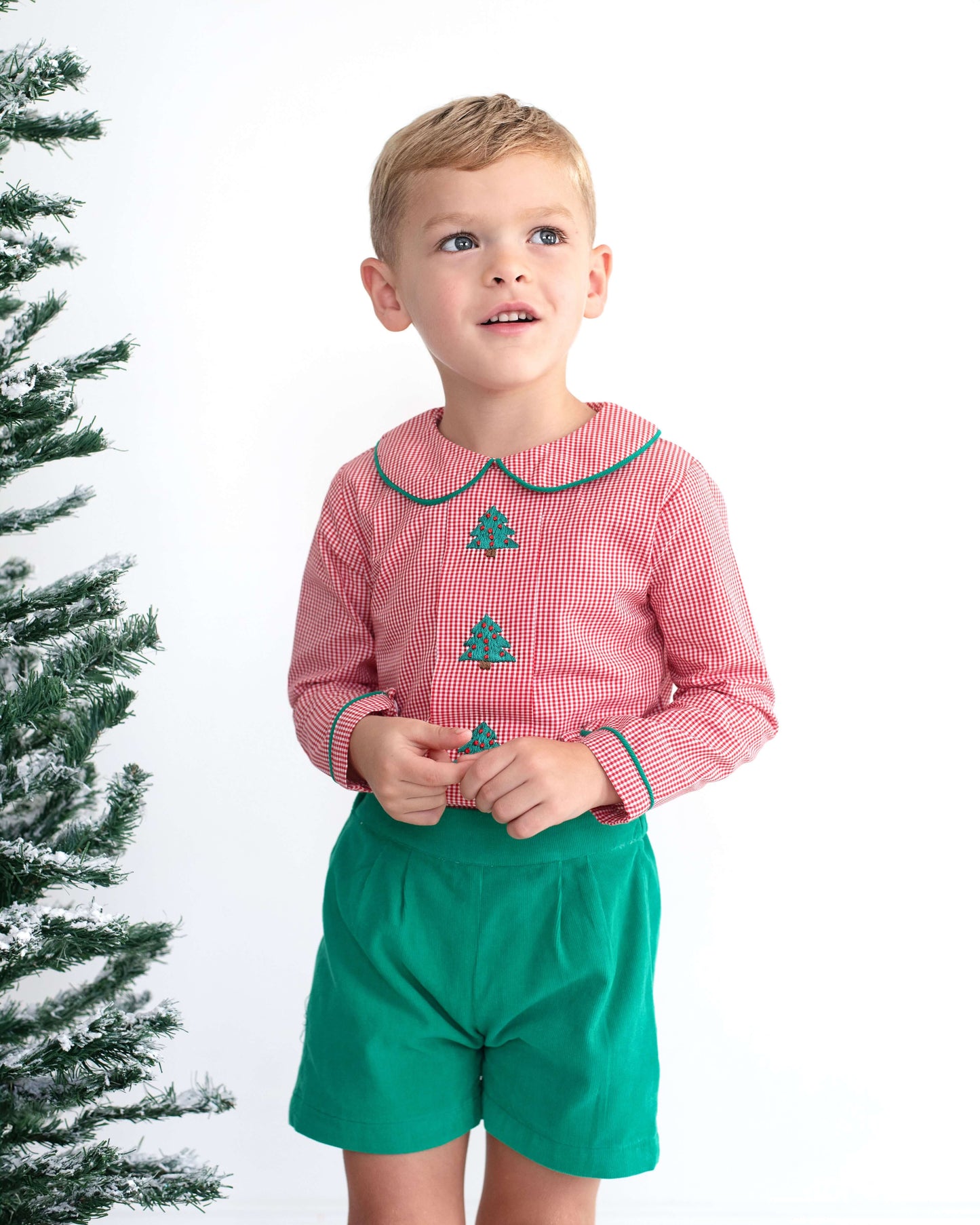 Child wearing a red checkered shirt with green trim and green shorts, standing next to a Christmas tree.