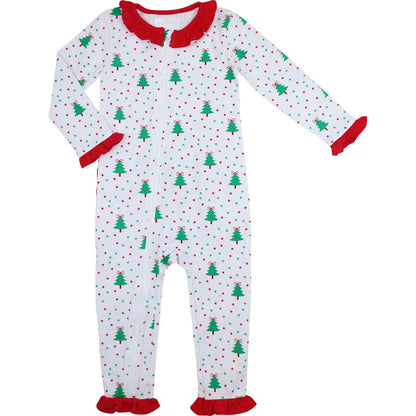 Children's Christmas-themed onesie with tree and star pattern on a white background