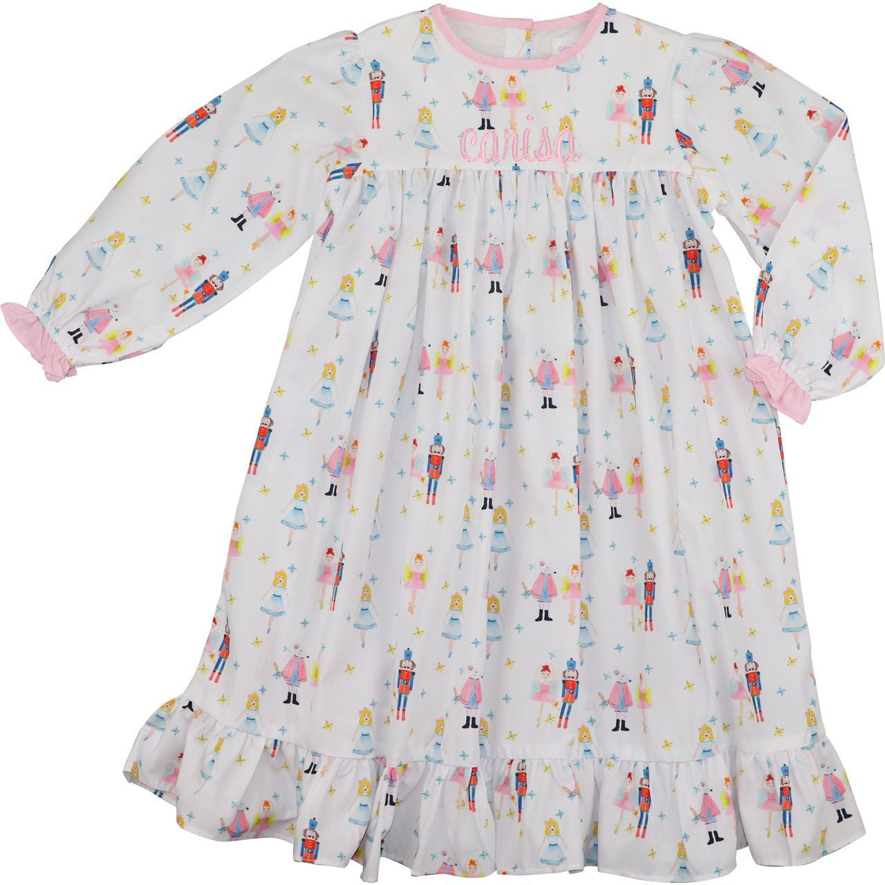 Children's Christmas print nightgown with colorful print on a white background
