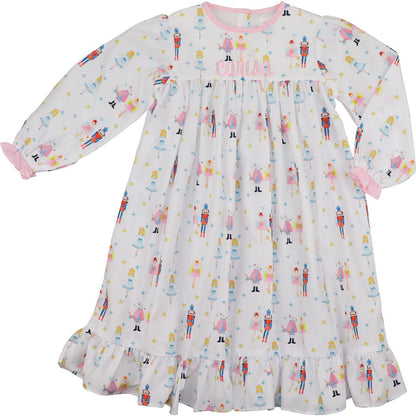 Children's Christmas print nightgown with colorful print on a white background