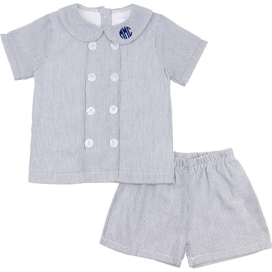 Children's blue and white striped shirt and shorts set on a white background