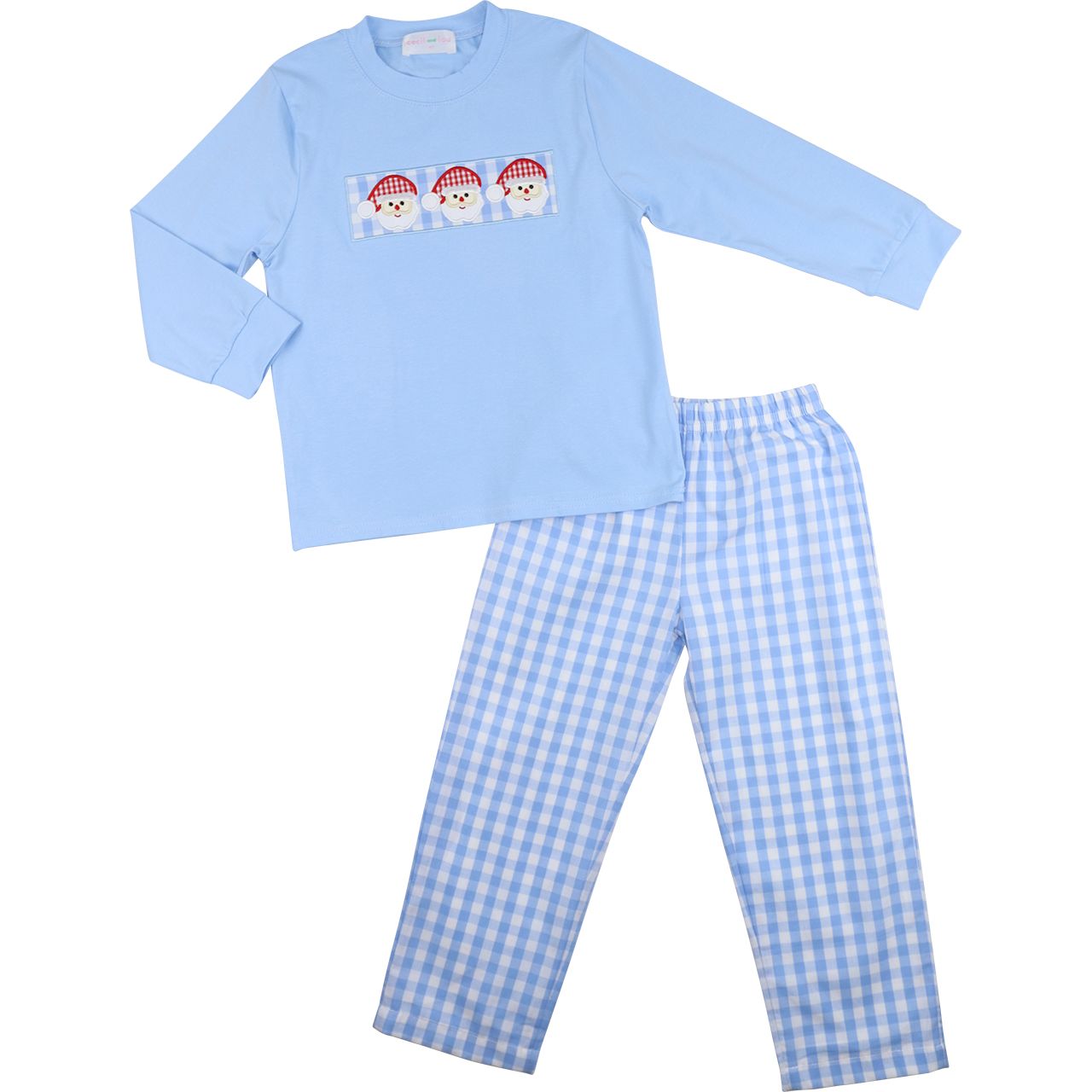 Children's blue pajama set with checkered pants on a white background