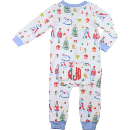 Children's onesie with Christmas-themed pattern on a white background