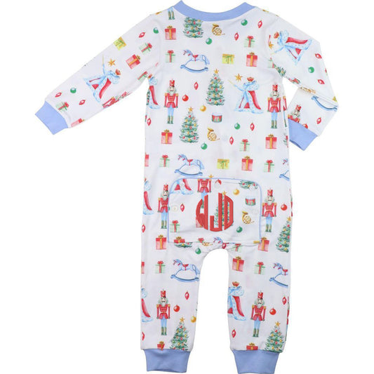Children's onesie with Christmas-themed pattern on a white background