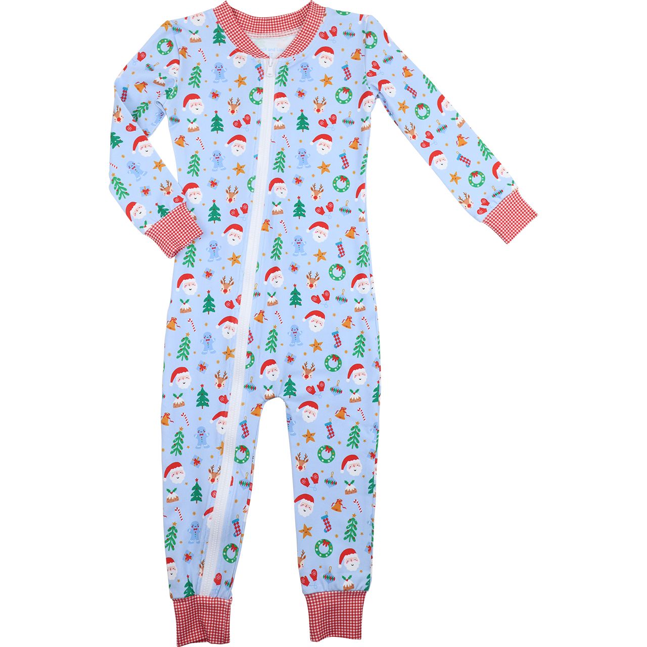Children's onesie with Christmas pattern on a light blue background