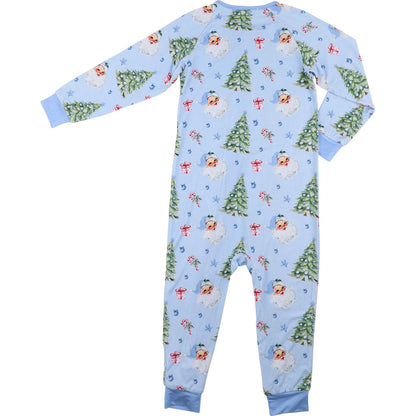 Children's onesie with Christmas tree and snowman pattern on a light blue background