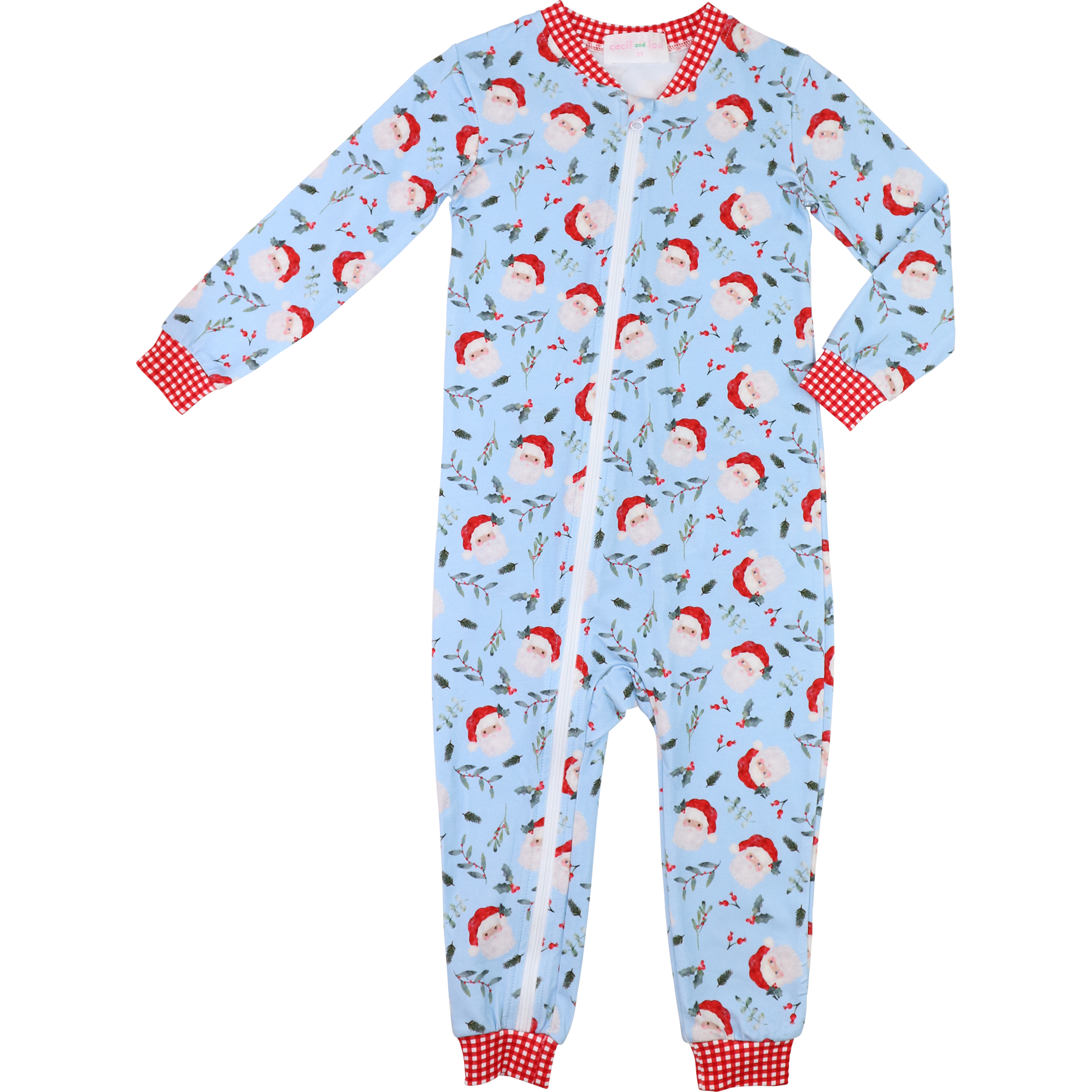 Children's onesie with Santa Claus pattern on a light blue background