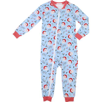 Children's onesie with Santa Claus pattern on a light blue background