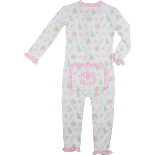 Children's onesie with a pattern of trees and candy canes on a white background