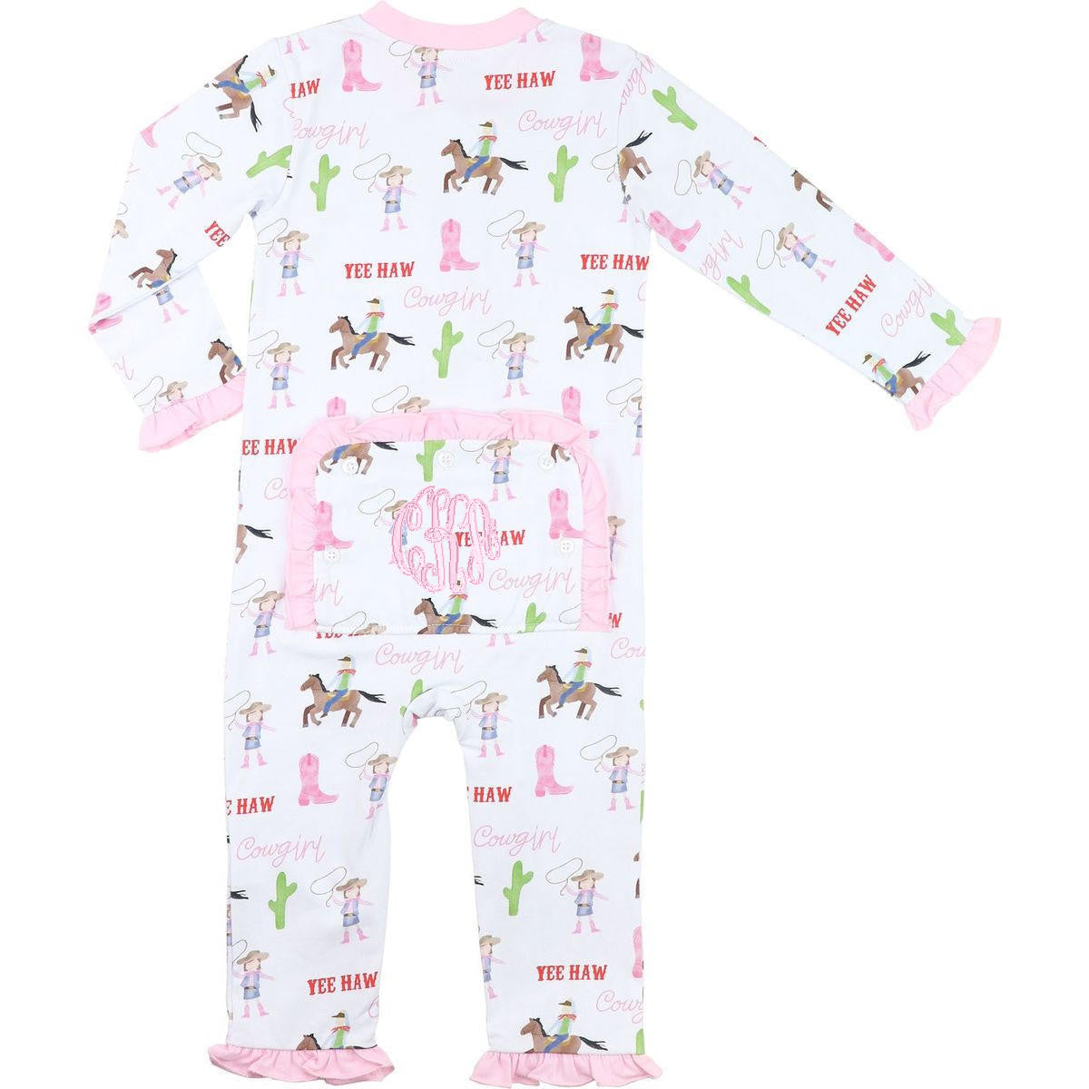 Children's onesie with cowboy and cowgirl pattern on a white background