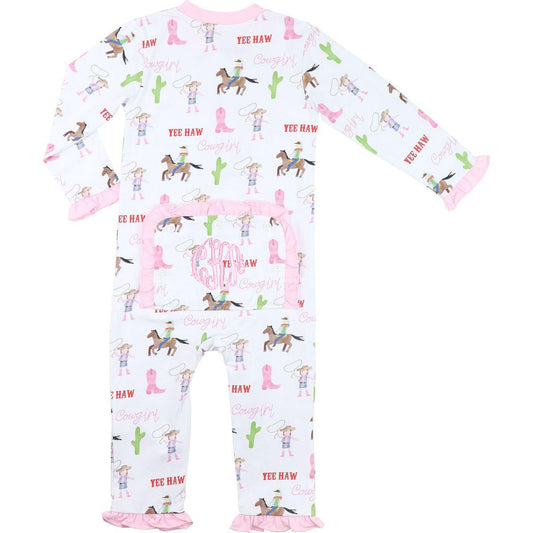 Children's onesie with cowboy and cowgirl pattern on a white background