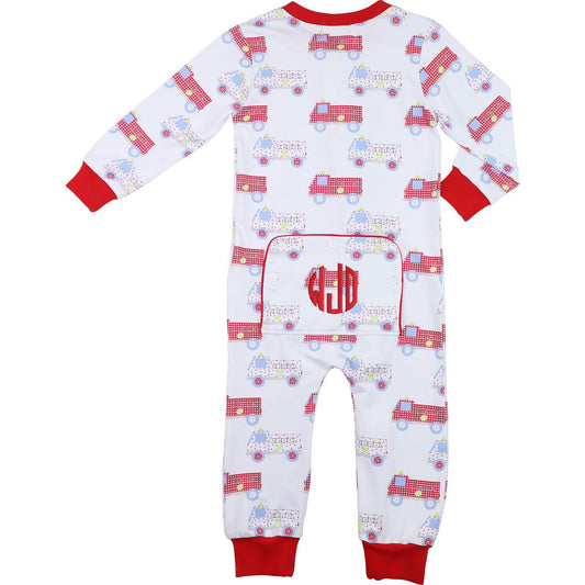 Children's onesie with fire truck pattern and red monogram on a white background
