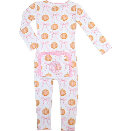 Children's onesie with pumpkin and bow pattern on a white background