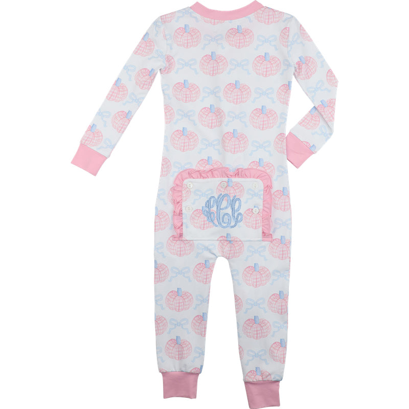 Children's onesie with pumpkin pattern and monogram on a white background