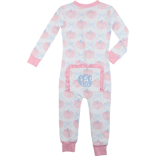 Children's onesie with pumpkin pattern and monogram on a white background