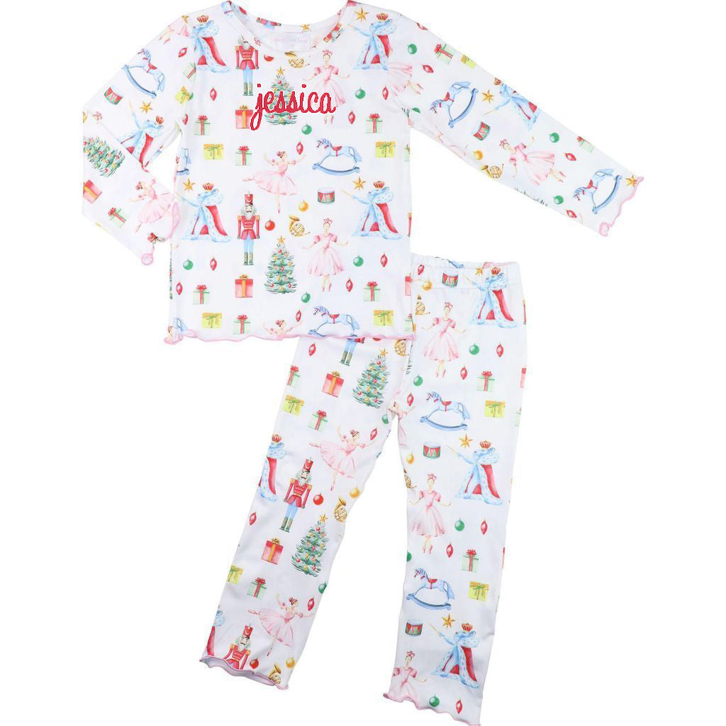 Children's pajama set with Christmas-themed print and name 'Jessica' on a white background
