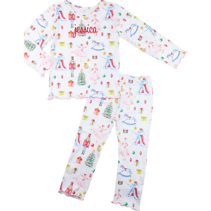 Children's pajama set with Christmas-themed print and name 'Jessica' on a white background