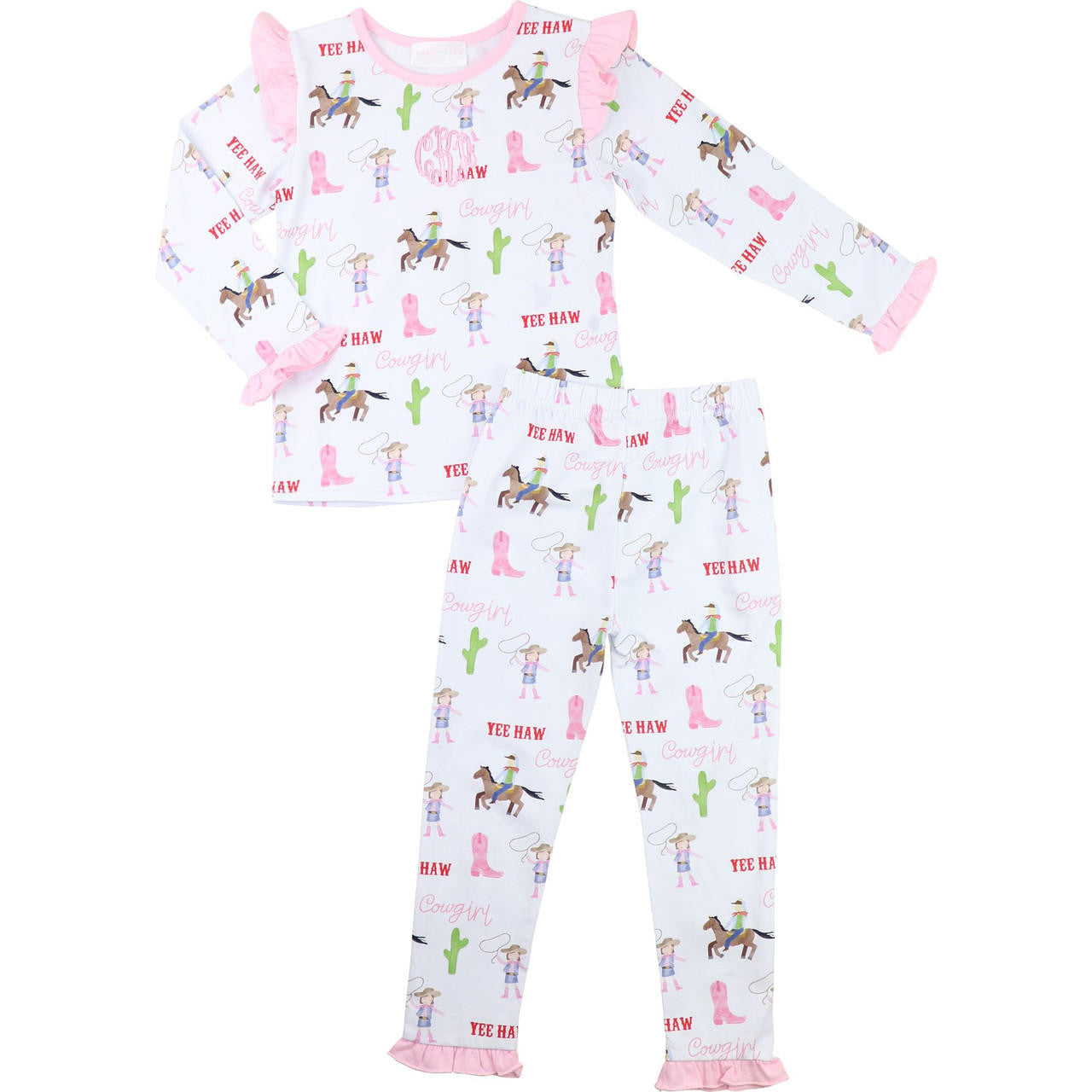 Children's pajama set with cowboy and cowgirl pattern on a white background