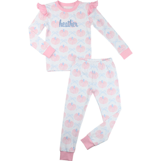 Children's pajama set with pink and blue pattern on a white background