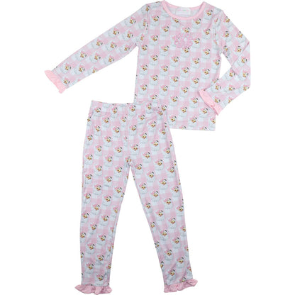 Children's pajama set with pink and white pattern and Santa faces on a white background