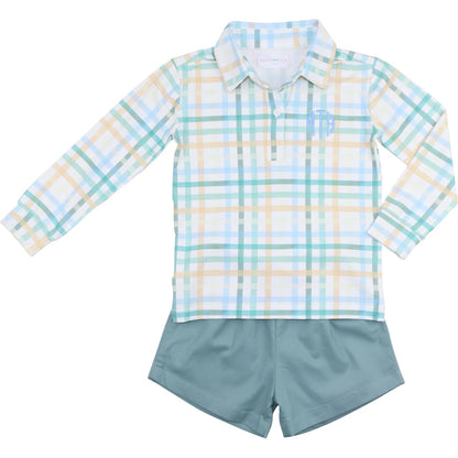 Children's plaid shirt and shorts set on a white background