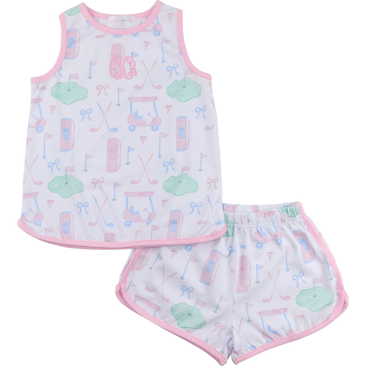 Children's sleeveless top and shorts set with pastel pattern on a white background