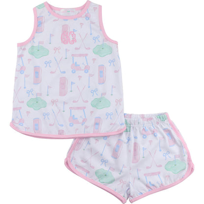 Children's sleeveless top and shorts set with pastel pattern on a white background