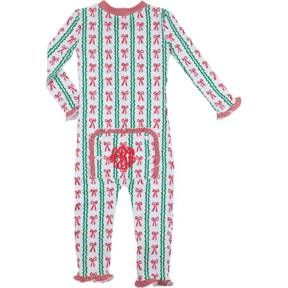 Children's zipper pajama with red and green bows on a white background
