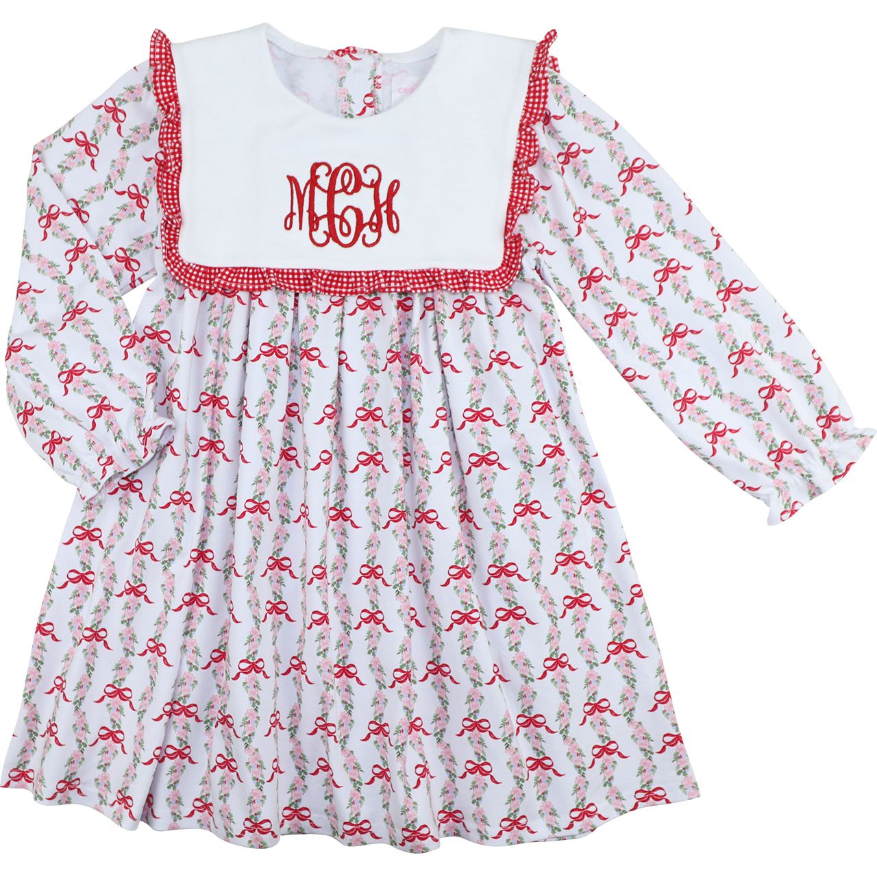 Children's dress with red and white checkered neckline and red bow pattern on a white background