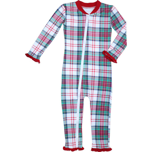Christmas Plaid Knit Ruffle Zipper Pajamas