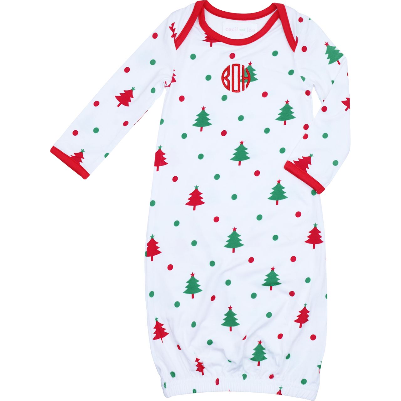 Personalized Christmas tree baby gown with red trim and monogram detail