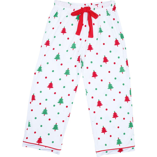 Christmas tree knit pajama pants with red drawstring and festive holiday print