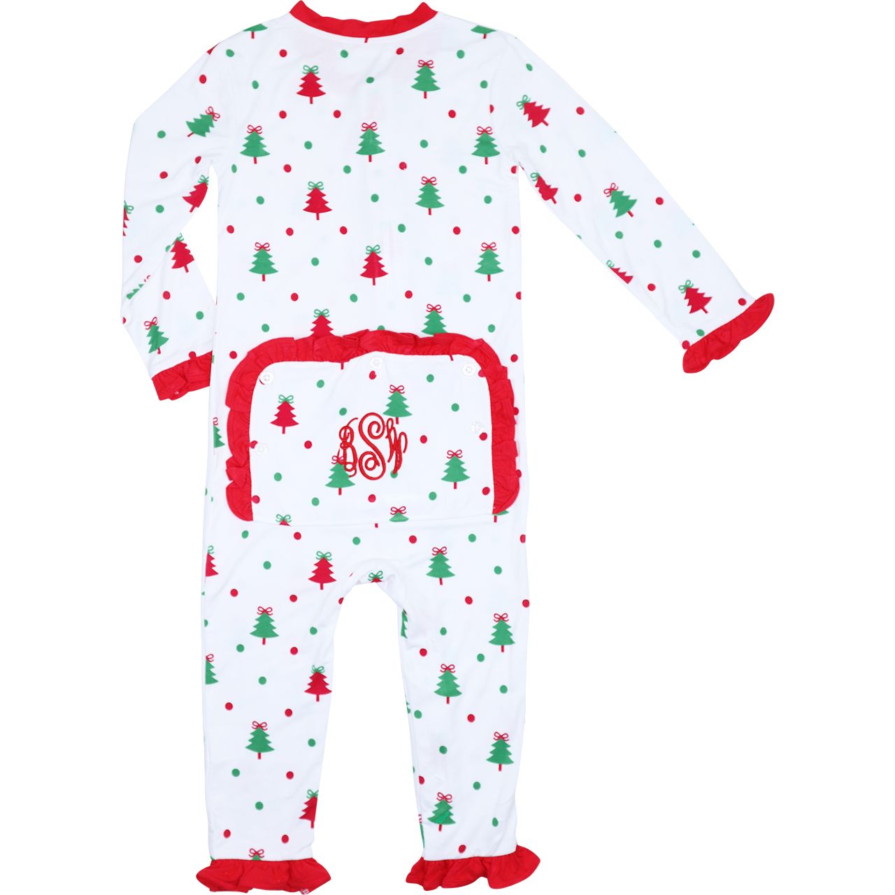 Personalized Christmas tree ruffle zipper pajamas with red trim and back flap monogram