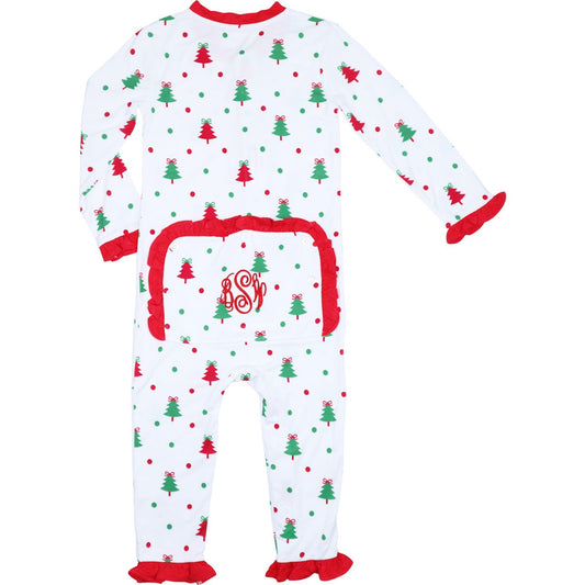 Personalized Christmas tree ruffle zipper pajamas with red trim and back flap monogram