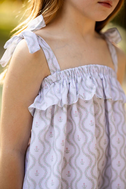Close-up of a child wearing a patterned dress with ruffled straps.