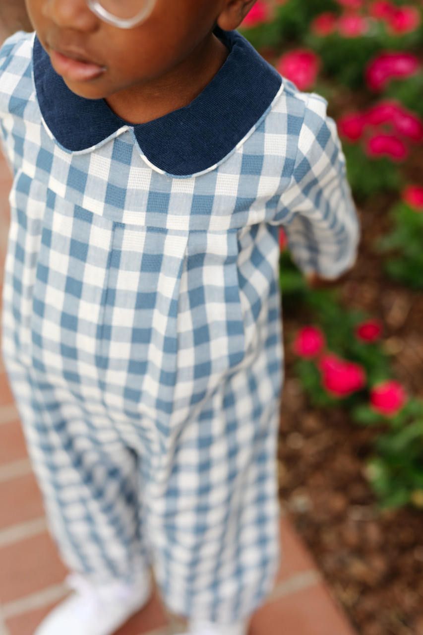 Close up of Blue Check Long Romper