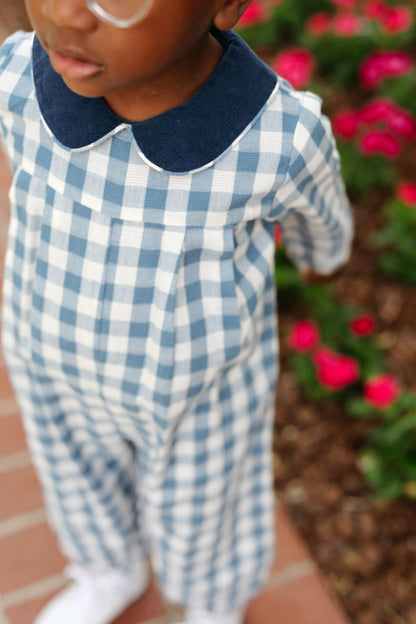 Close up of Blue Check Long Romper
