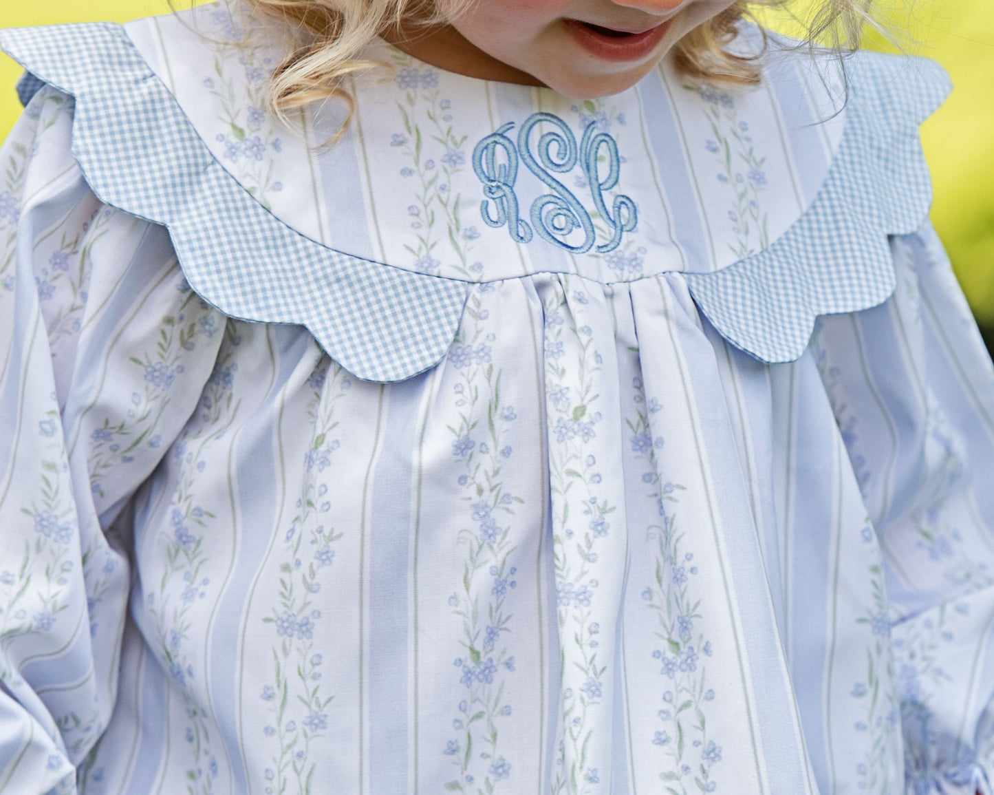 Close up of Blue Floral Ruffle Dress