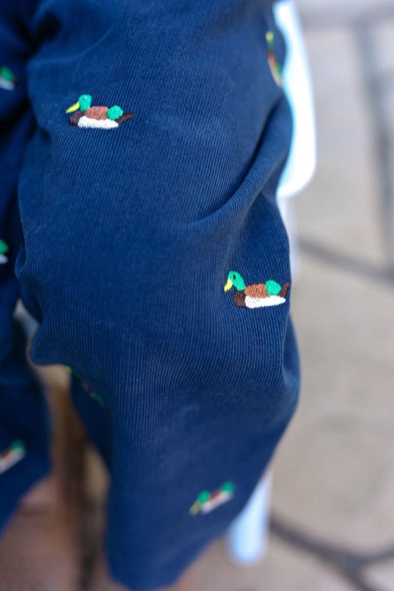 Close up of Navy Corduroy Embroidered Mallards Polo Pant Set