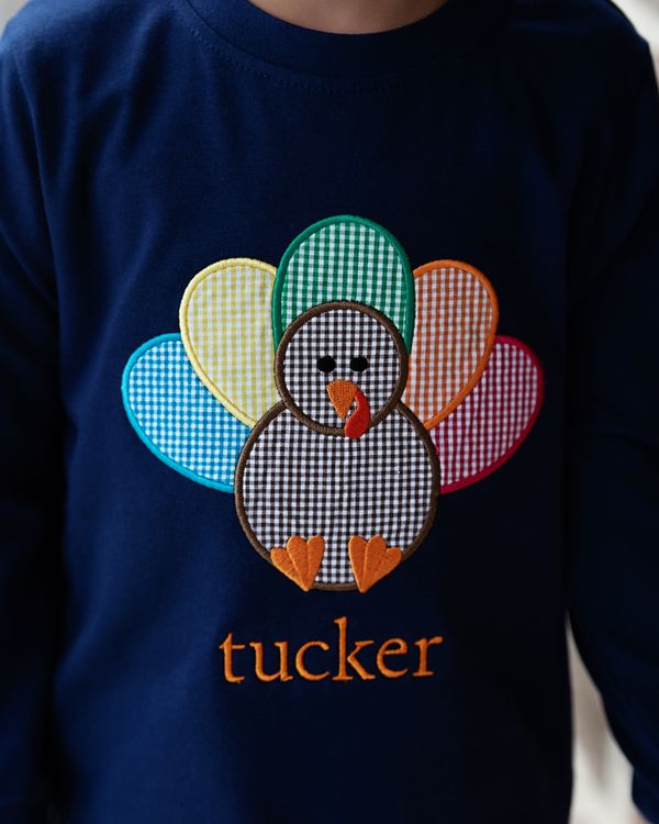 Close up of Navy shirt with colorful turkey and monogram "tucker" 