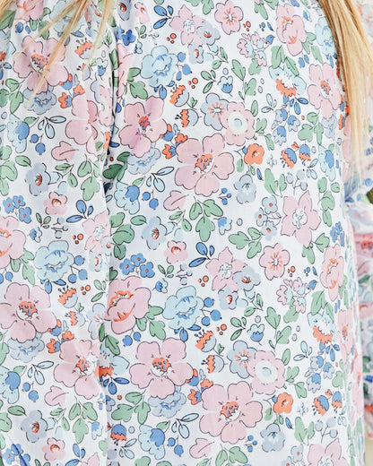 Close up of  Pink And Blue Floral Eyelet Legging Set