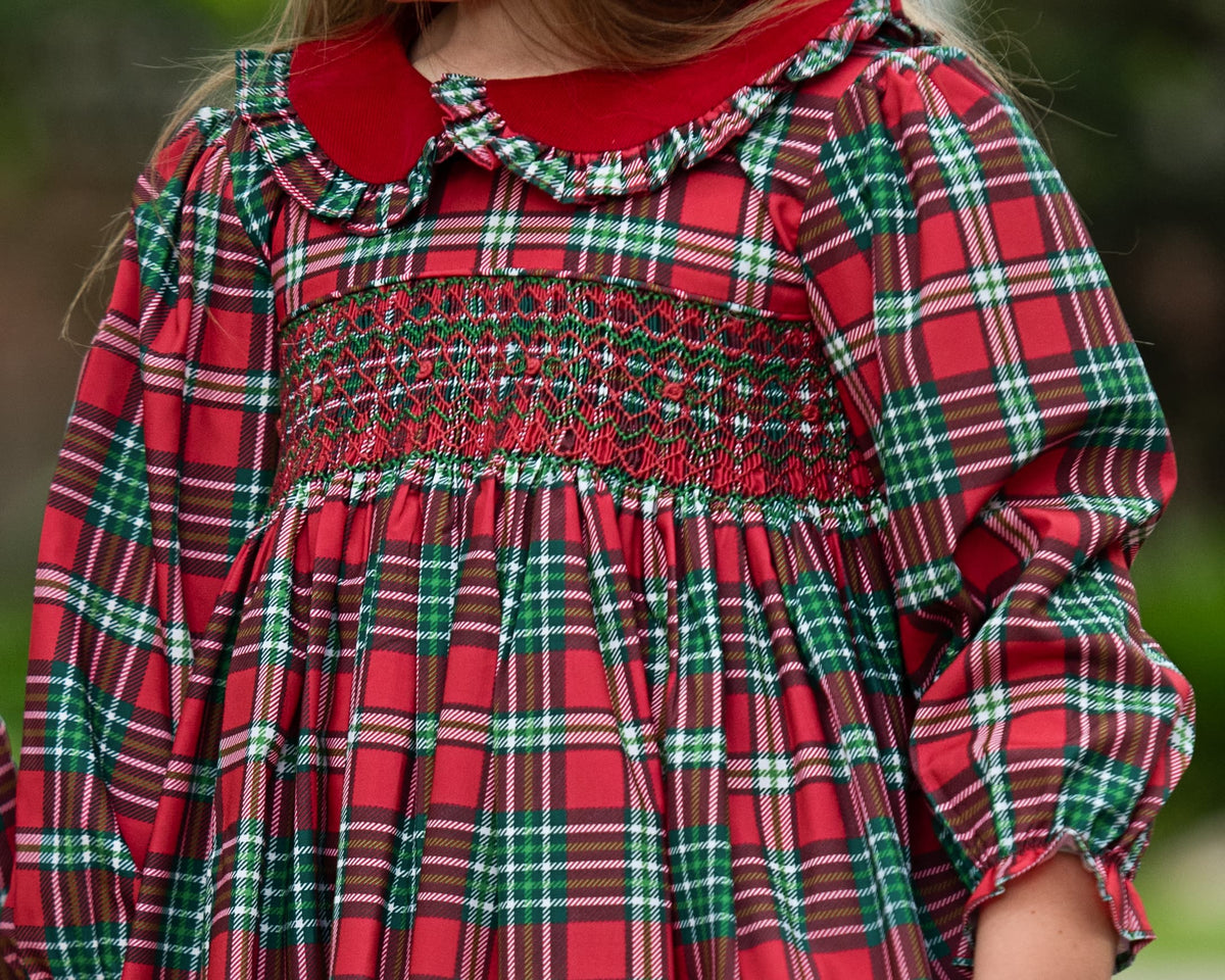 Close up of a Smocked Christmas Plaid Dress