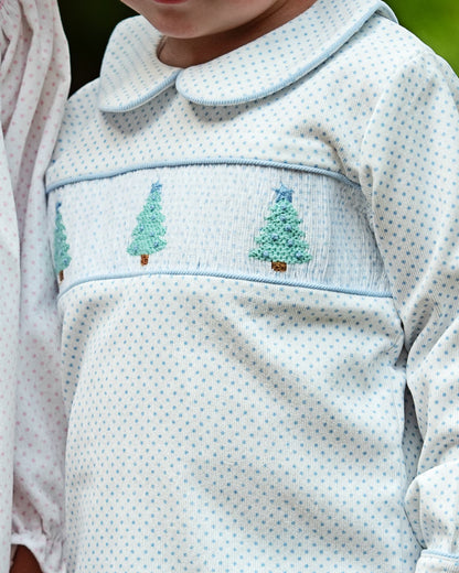 Closeup of blue dot smocked Christmas Tree corduroy short romper