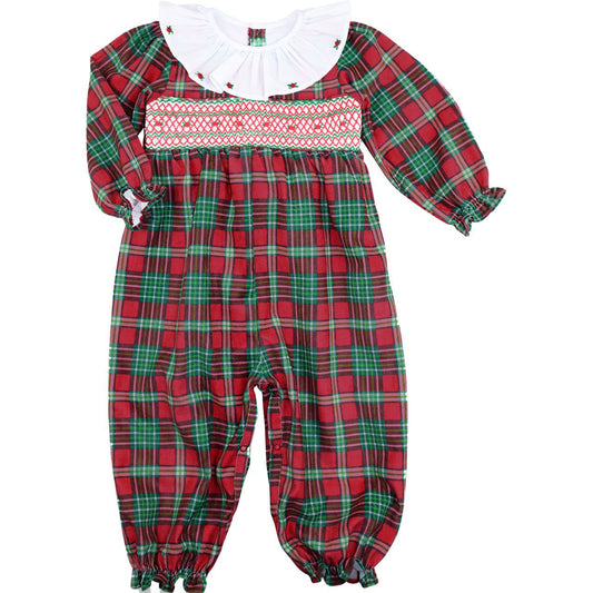 Red and green plaid baby outfit with ruffled collar on a white background