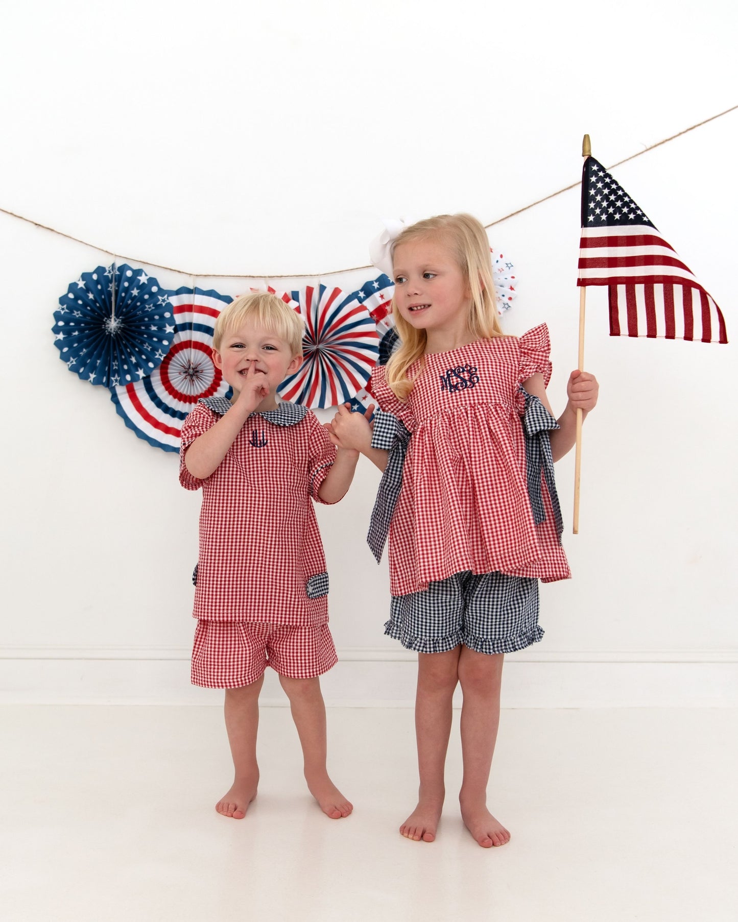 Navy And Red Seersucker Short Set