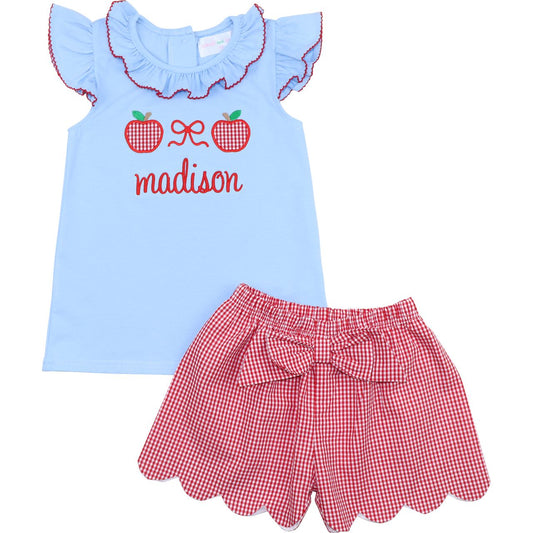 Blue And Red Gingham Apple Short Set