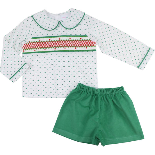 Green And Red Smocked Swiss Dot Short Set