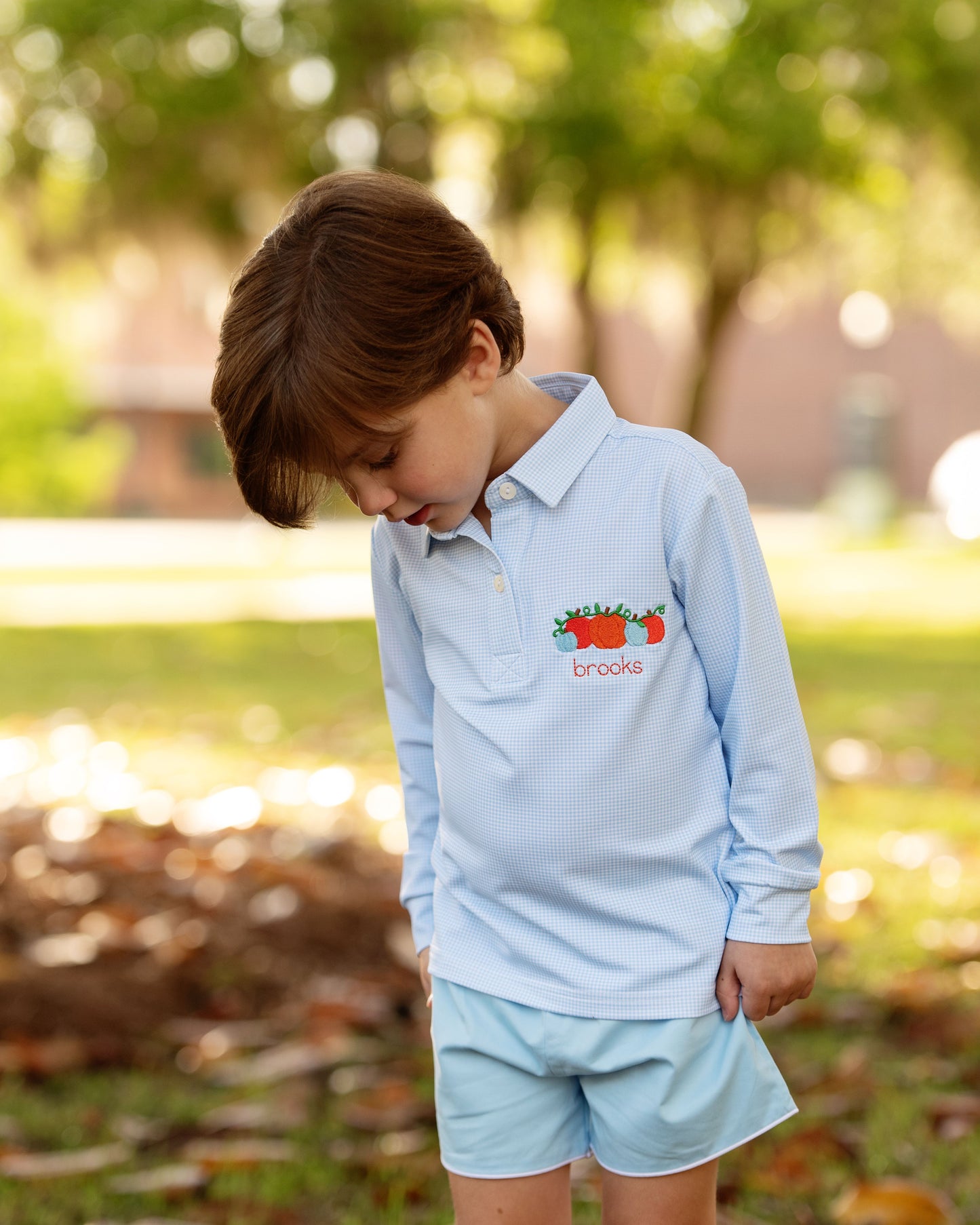 Blue Knit Gingham Embroidered Pumpkin Polo Shirt