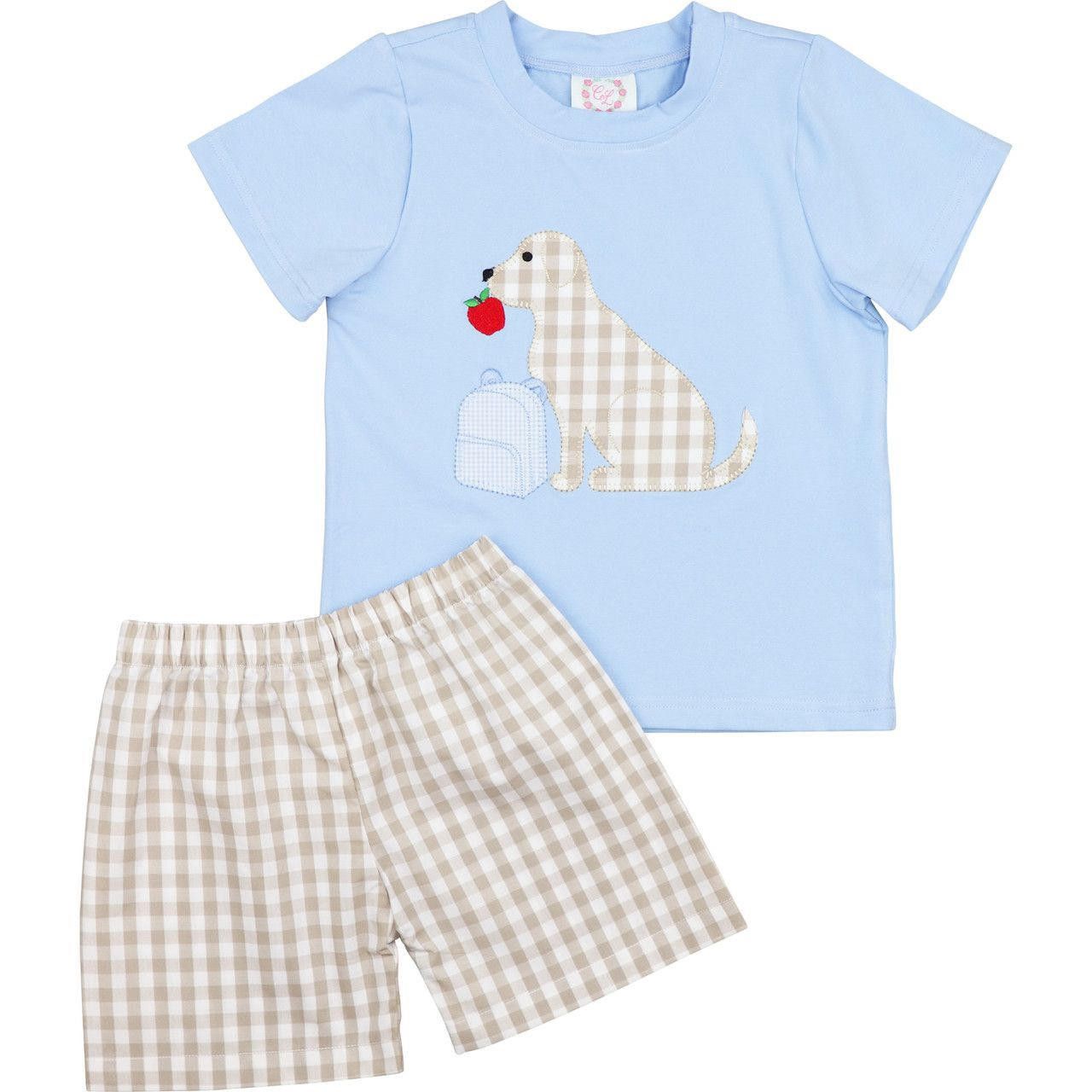 Blue And Khaki Applique Dog And Apple Short Set