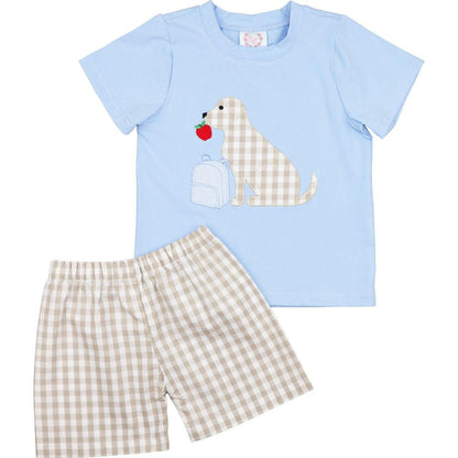 Blue And Khaki Applique Dog And Apple Short Set